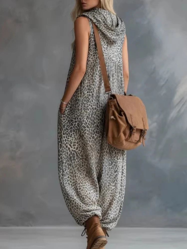 Women's Leopard Print Jumpsuit Summer Sleeveless V Neck Romper Hooded Oversize Casual Chiffon Vacation Beach Playsuit