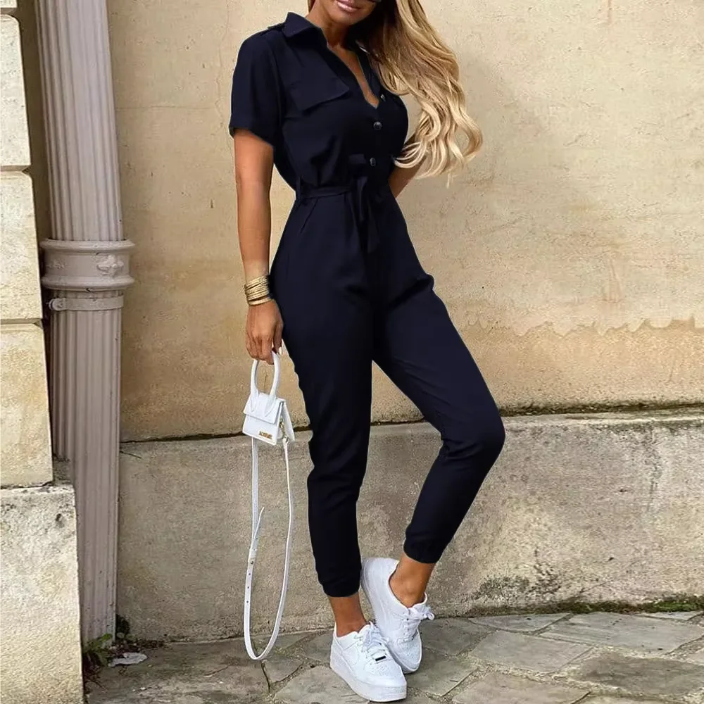 Women's Monochromatic Belt Workwear Jumpsuit Casual Flip Collar Buckle Detail European American Style Summer 2024