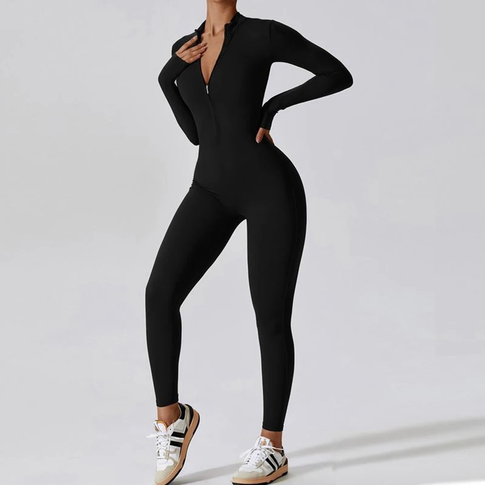 Women‘s Jumpsuits Long Sleeve Yoga Suits Slim Fit Stretch One Piece Romper Sexy Fitness Female Basic Elastic Zipper Sportwears