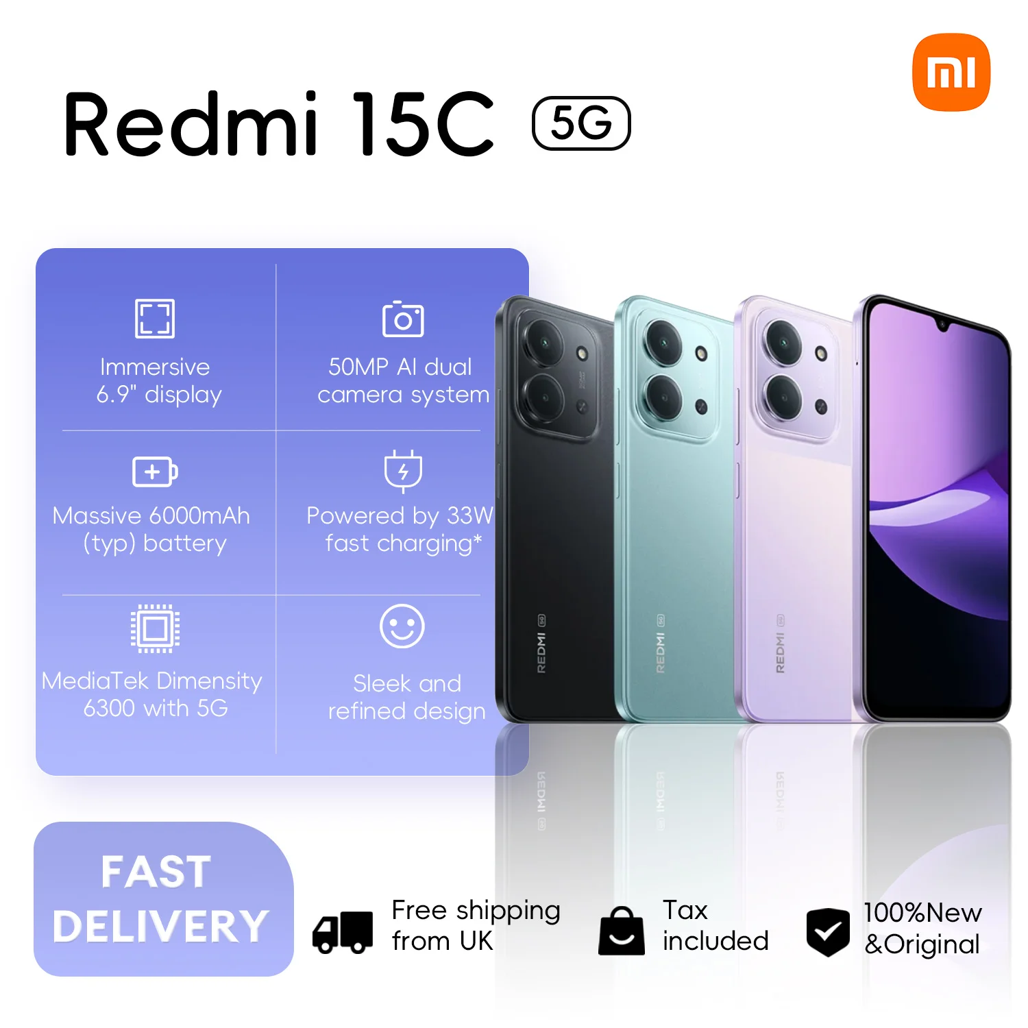 Xiaomi Redmi 15C 5G 4+128GB Global Version 120Hz 6.9“ Dot Drop Display 6nm MediaTek Dimensity 6300 processor 50MP 6000mAh 33W