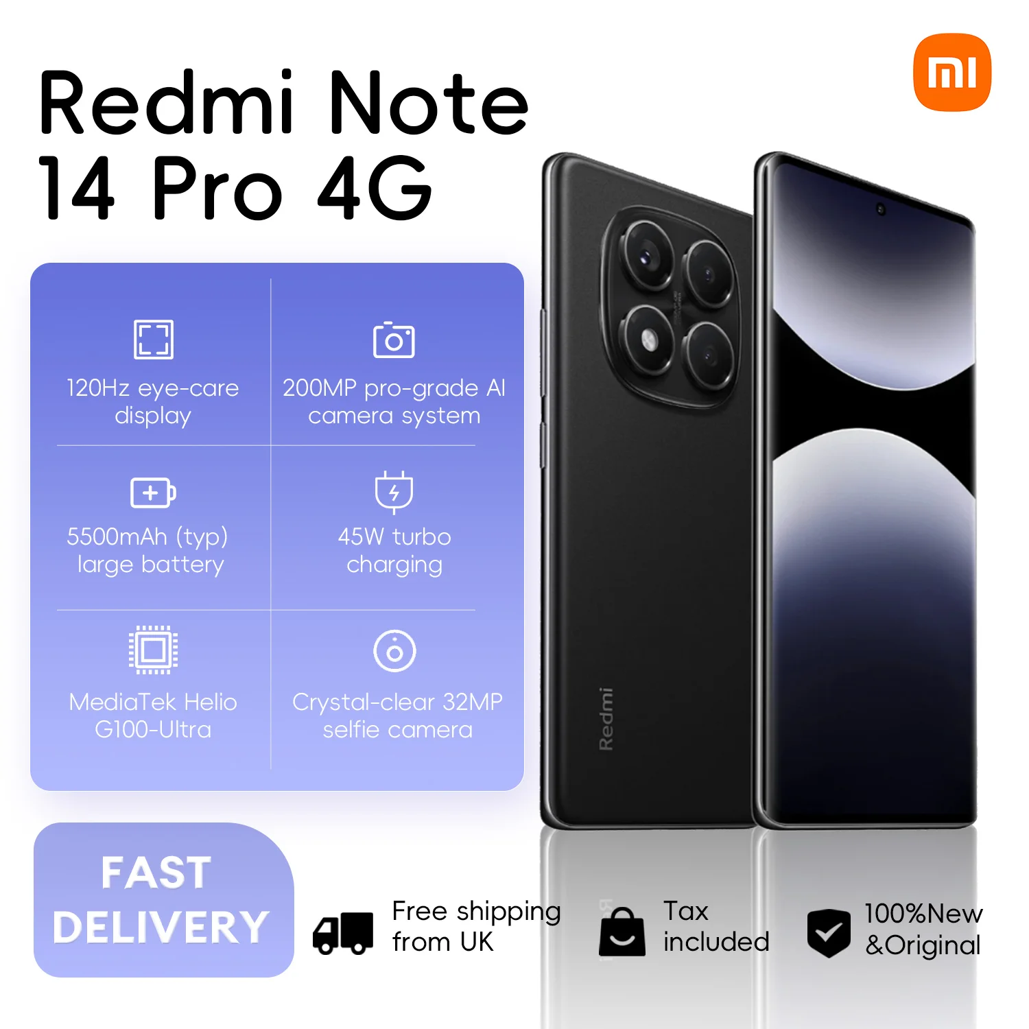Xiaomi Redmi Note 14 Pro 4G 8+256GB Global Version 120Hz 6.67" AMOLED Display 200MP Camera 5500mAh+45W Charge Helio G100-Ultra