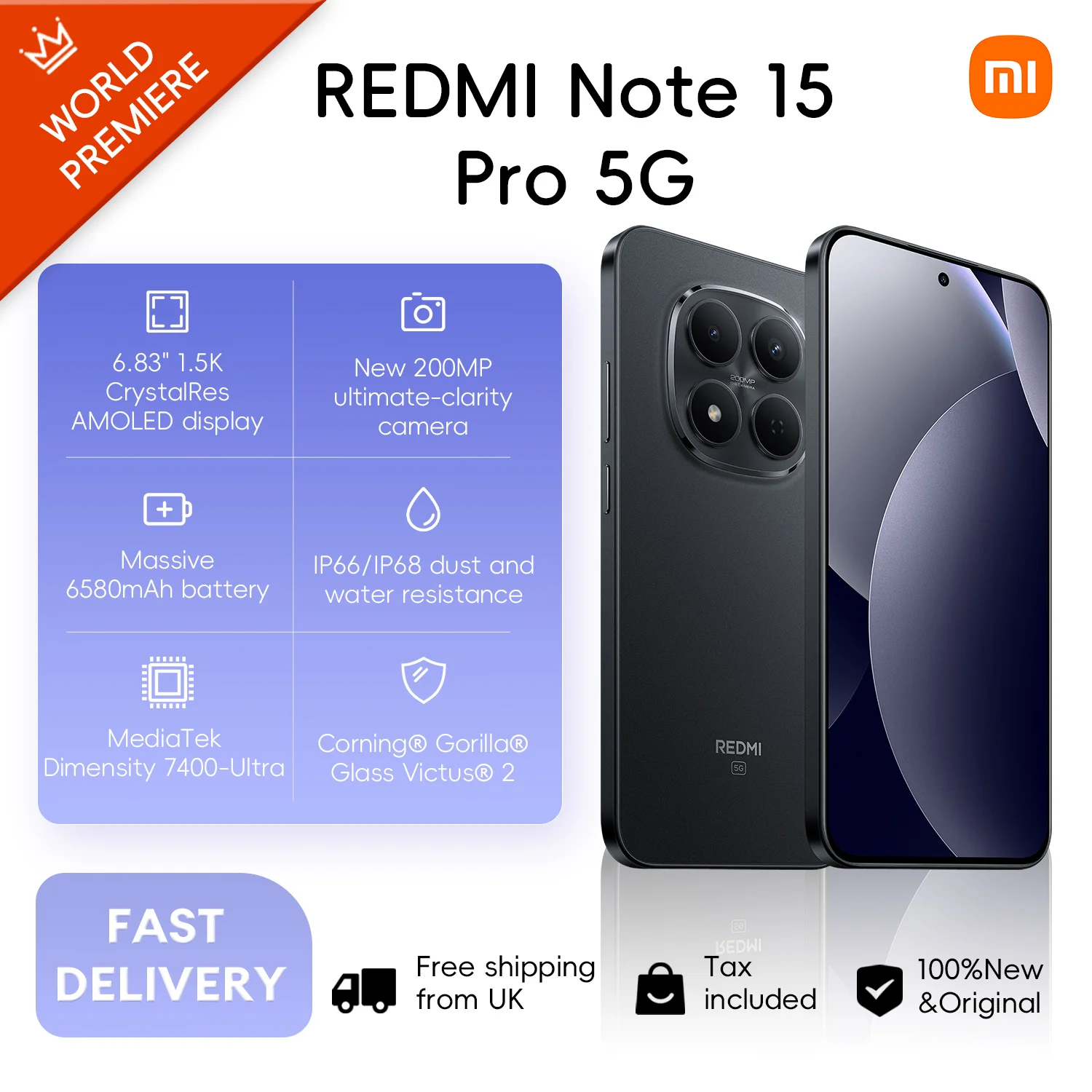 Xiaomi Redmi Note 15 Pro 5G 8+256GB Global Version MediaTek Dimensity 7400-Ultra 6.83" 120Hz AMOLED Display 200MP 6580mAh 45W