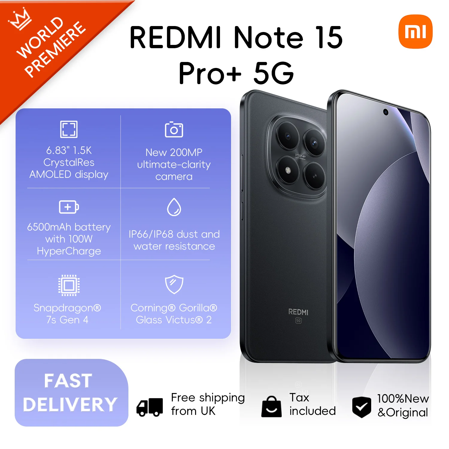 Xiaomi Redmi Note 15 Pro+ 5G 8+256GB Global Version Snapdragon® 7s Gen 4 6.83" 120Hz AMOLED Display 200MP Camera 6500mAh 100W