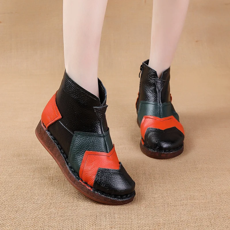 Xiuteng New Top Layer Cowhide Flat Bottom Cow Rib Bottom Short Boots Winter Casual Genuine Leather Matching Women's Boots Warm