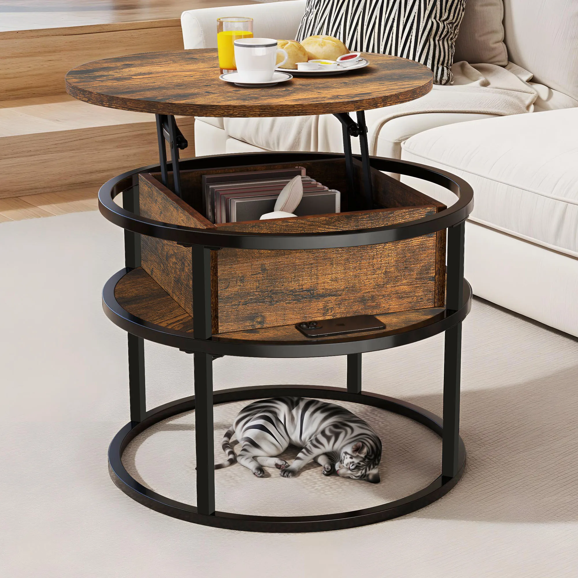 YITAHOME Coffee Table With Lift Top, Lift Up Coffee Table Round With Hidden Storage Compartment, 60x60x47cm