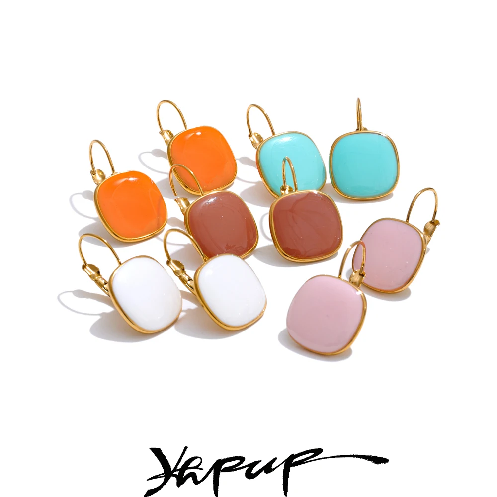 Yhpup Joyful Candy Multicolor Enamel Square Hoop Earrings 18K Golden Plated Stainless Steel Spring Summer Jewelry Waterproof
