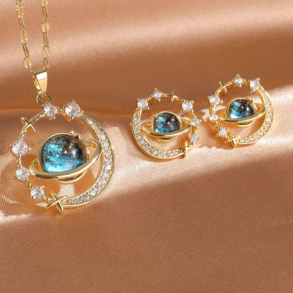 Yupsk 2Pcs Planet Round Earring Necklace Set Fashion Jewelry Gift For Women Niche Birthday Accessories