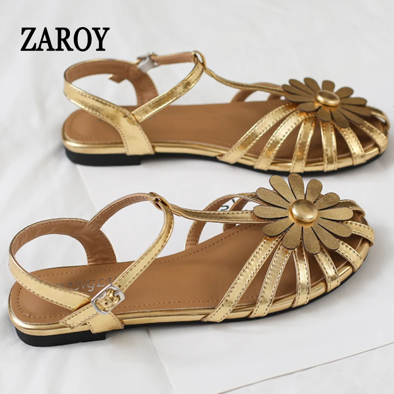 ZAROY Fashion Weave Gold Women Flat Sandals Summer Brand Design Hollow Out Narrow Strap Closed Toe Roman Gladiator Sandalias