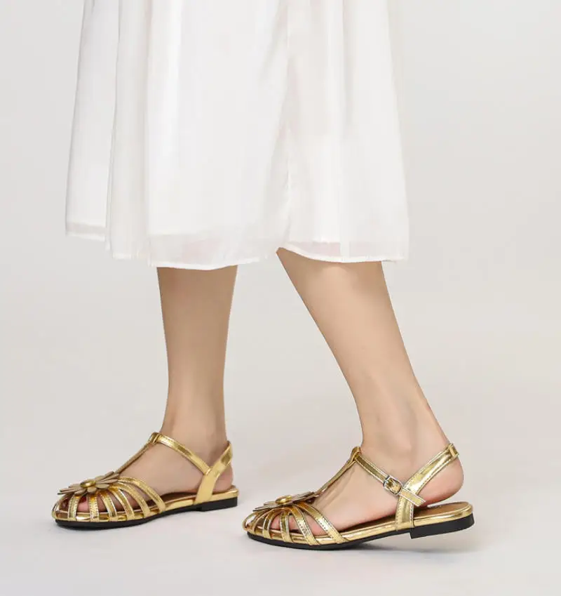 ZAROY Fashion Weave Gold Women Flat Sandals Summer Brand Design Hollow Out Narrow Strap Closed Toe Roman Gladiator Sandalias