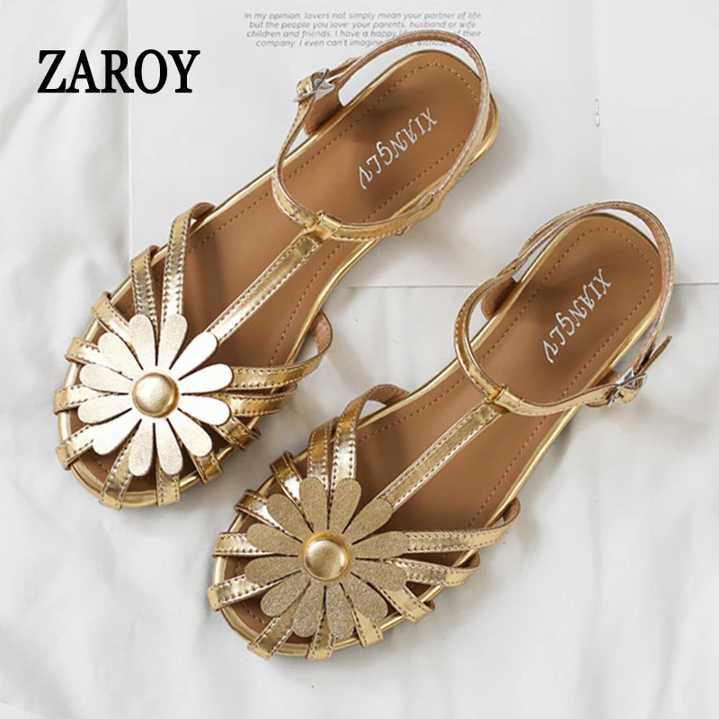 ZAROY Fashion Weave Gold Women Flat Sandals Summer Brand Design Hollow Out Narrow Strap Closed Toe Roman Gladiator Sandalias
