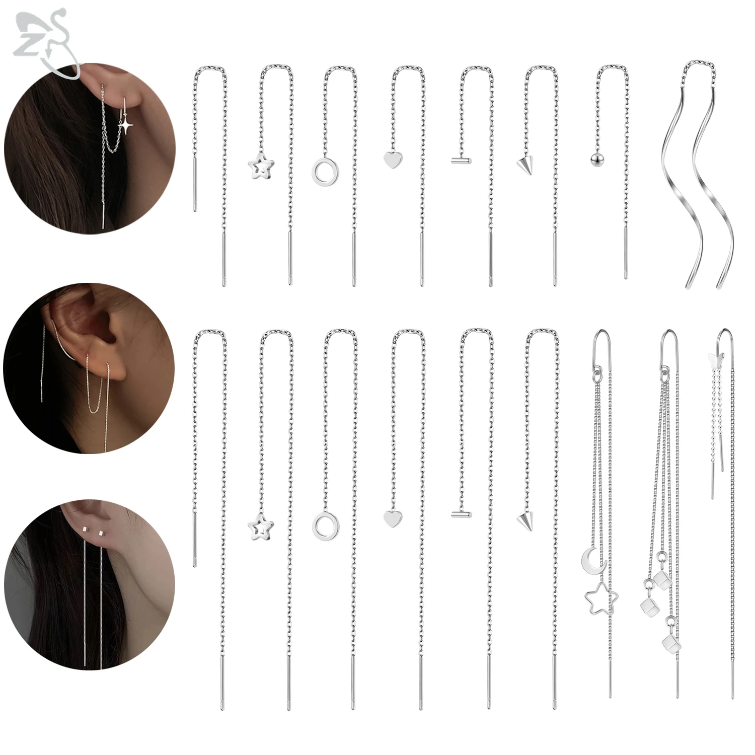 ZS 1-2pcs/lot 20G Stainless Steel Long Chain Pendant Ear Stud 60/120MM Tassel Star Drop Ears Line Earrings Piercing Jewelry Gift