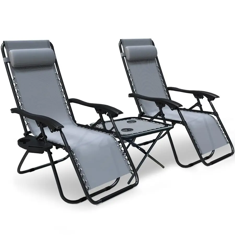 Zero Gravity Chair with Side Table, Set of 2, Deck Folding Recliner Sun Loungers Outdoor Chair with Cup and Phone Holder, Grey