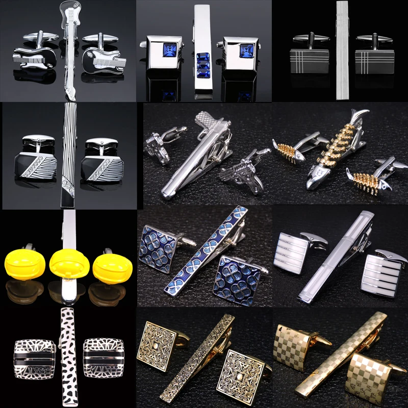a set High quality brass enamel necktie clip cufflink suit men's business dress accessories French shirt cufflink tie clip set