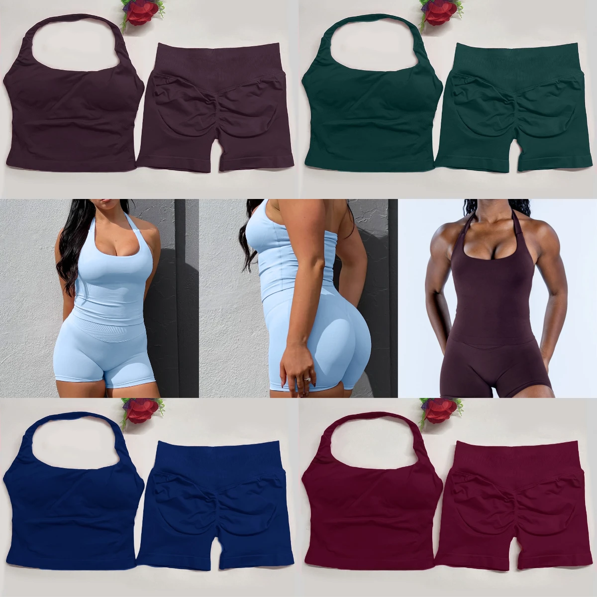 yoga outfits Women 2 pcs Sports DFNNYE Impact Set halterneck Backless Halter Top Seamless Scrunch Shorts Gym Workout Sports Suit